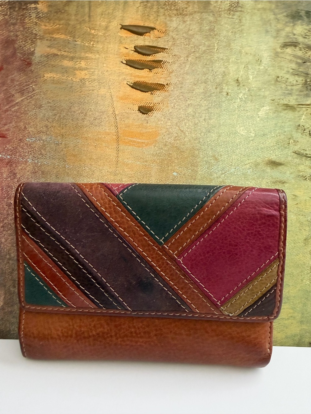 Fossil Patchwork Leather Wallet in Brown, Burgundy, Green + Free Gift